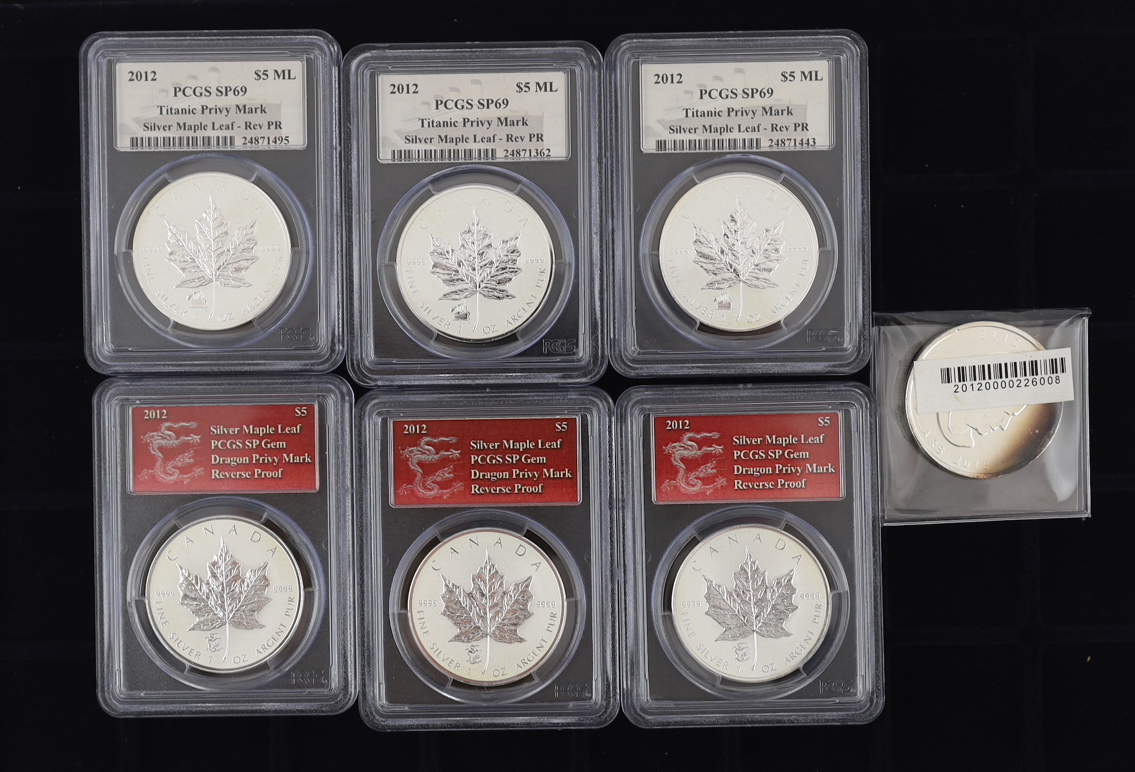 Canada QEII proof silver coins, three 2012 Maple Leaf $5, Titanic privy Mark, PCGS slabbed and graded SP69 and three 2012 Maple Leaf $5, Dragon privy Mark, PCGS graded and slabbed SP gem together with a 2013 $5 1 ounce f